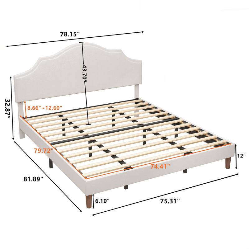 King Size Bed Frame Upholstered Platform Bed with Adjustable Headboard