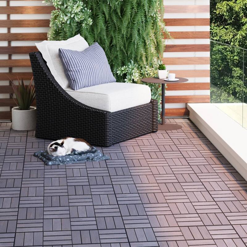 10 PCS Interlocking Deck Tiles Checker Pattern, 12" x 12" Square Acacia Hardwood Outdoor Flooring for Patio,Bancony,Pool Side