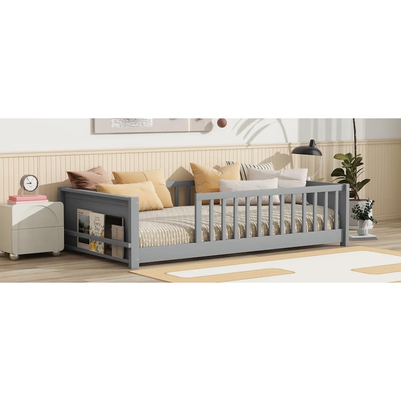 Roomfitters Twin Floor Platform Bed with Built-in Book Rack, Rubber Wood Frame, Low Profile Design with Guardrails