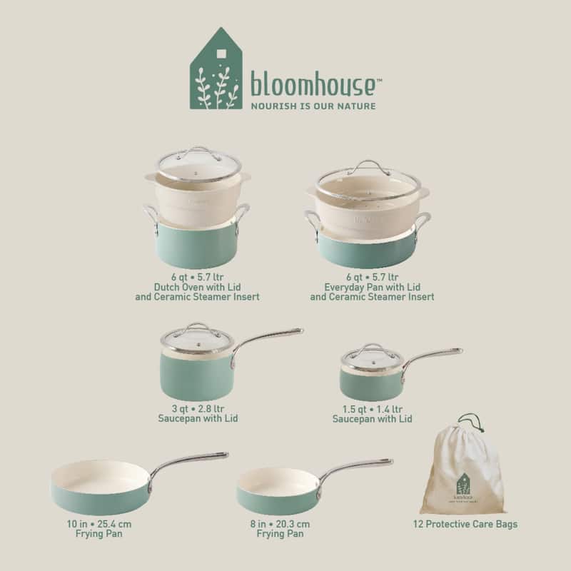 Bloomhouse 12 Piece Aluminum Enamel Cookware Set w/ Non-stick Non-toxic Ceramic Interior and Ceramic Steamer Insert