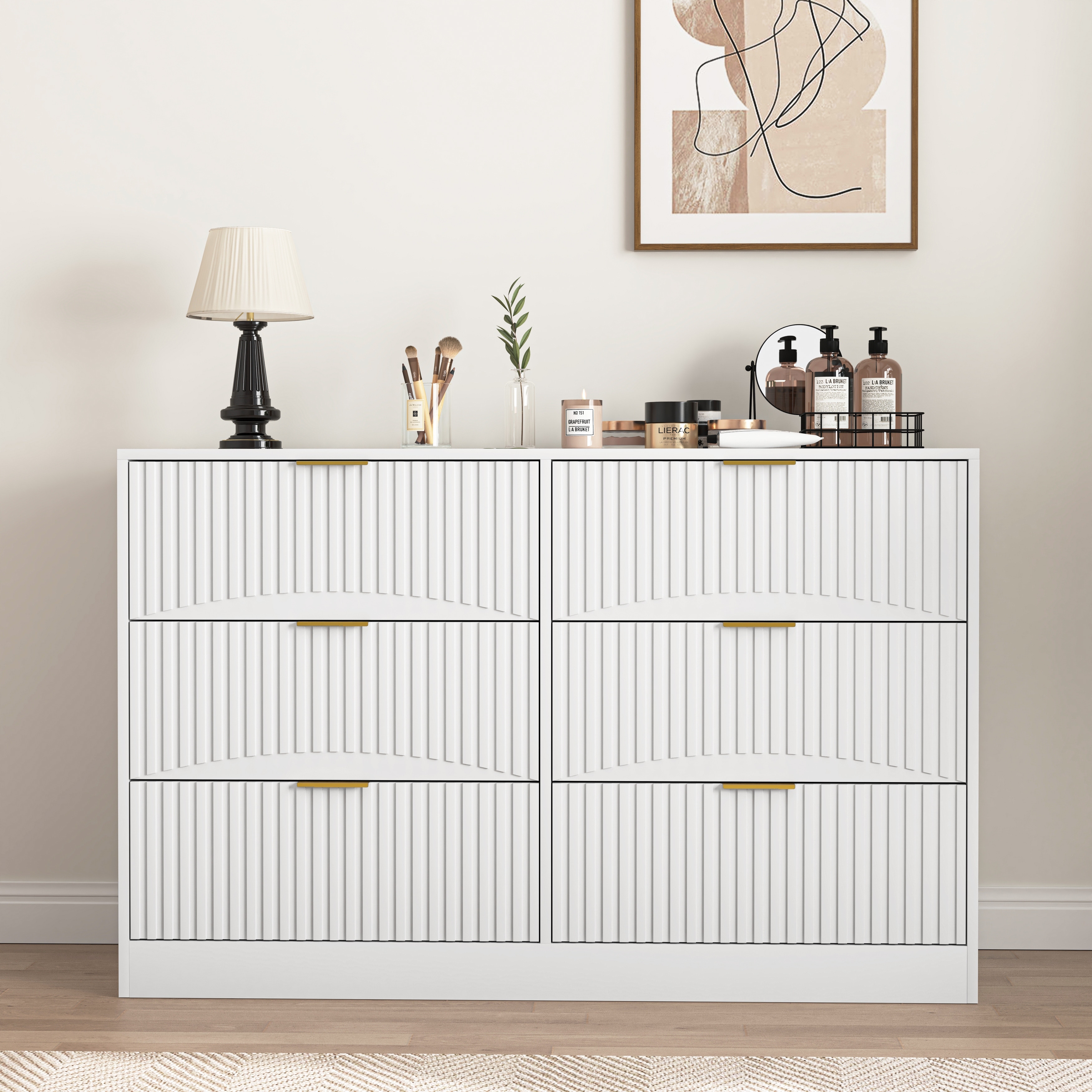 Anmytek White 6 Drawer Dresser Large Storage Cabinet Wavy Pattern Drawer Panel for Bedroom Living Room Hallway Entryway