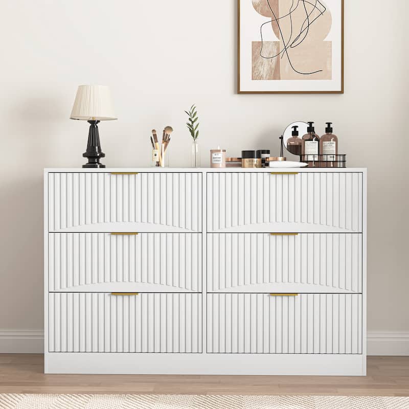 Modern 6-Drawer Dresser with Wavy Patterns, Chest of Drawers for Bedroom, Living Room & Entryway - White