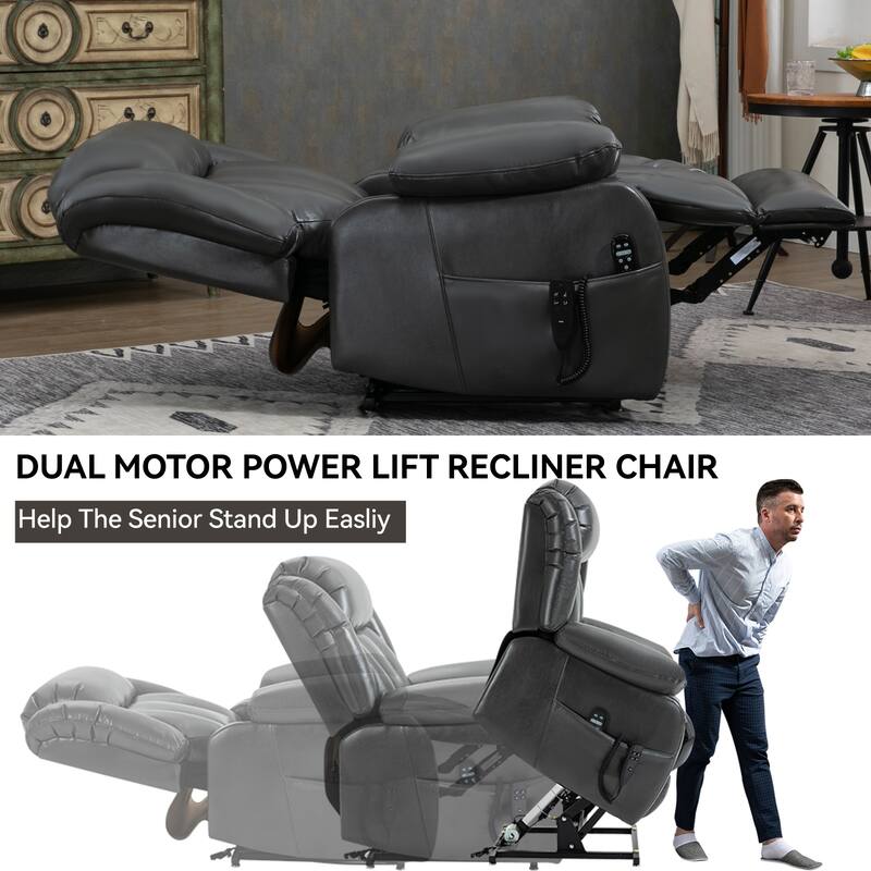 Roomfitters Dual Motor Power Lift Recliner, Infinite Position Massage Chair with 180-Degree Flat Recline, Leatheraire, Grey