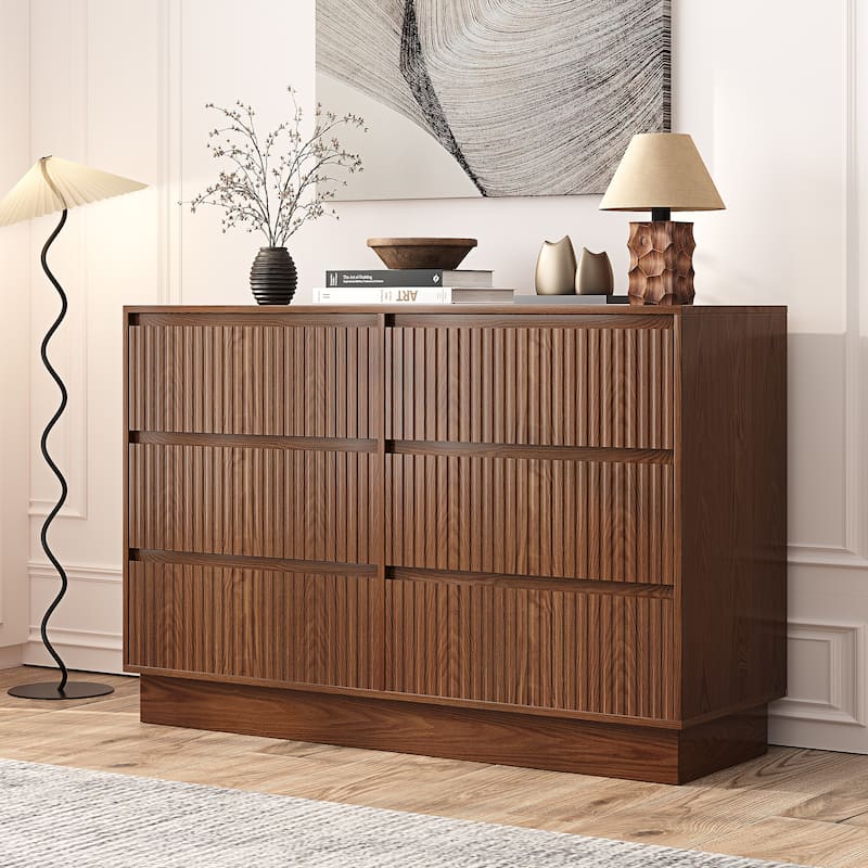 6 Drawers 47.3'' W Double Dresser With Walnut Waveform Fluted Panel Versatile Storage - Walnut