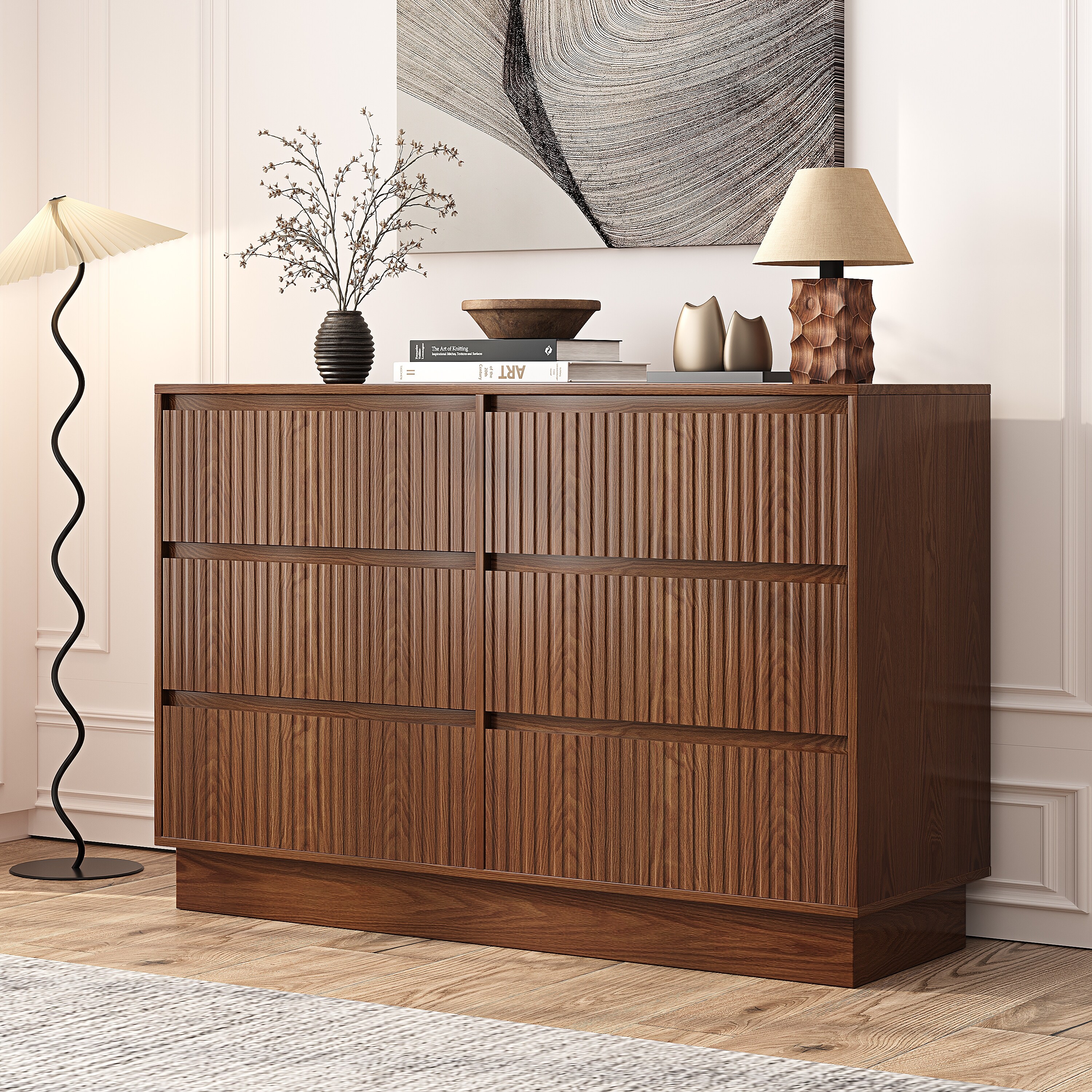 6 Drawers 47.3'' W Double Dresser With Walnut Waveform Fluted
