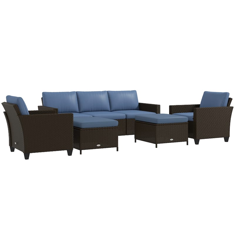 Outsunny 5 Piece Patio Furniture Set with Cushions, Outdoor Conversation Set with Rattan Three-Seater Sofa, Chairs & Footstools