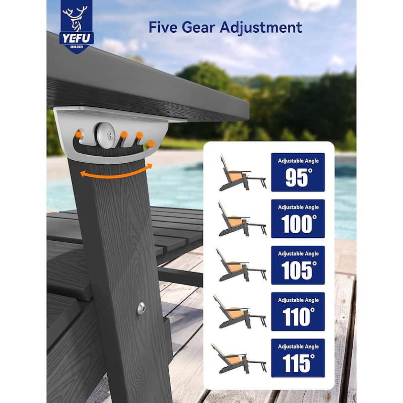 WINSOON All Weather HIPS Folding Adirondack Chair with Ottoman, 5-Gear Adjustable Backrest and Retractable Ottoman Set of 4