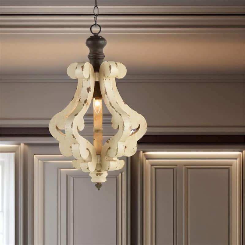 Distressed White Pendant French Country Wood Chandelier - Beige