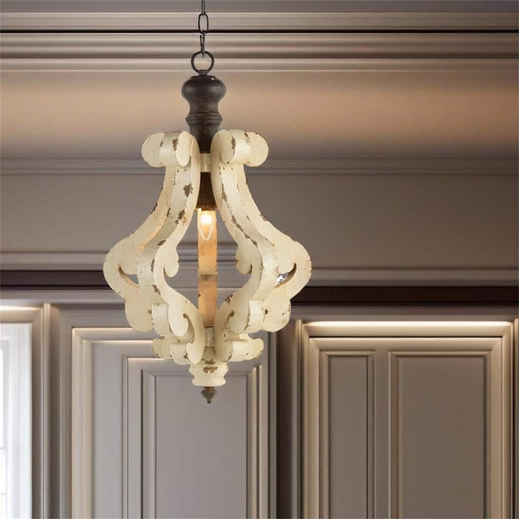 Distressed White Pendant French Country Wood Chandelier