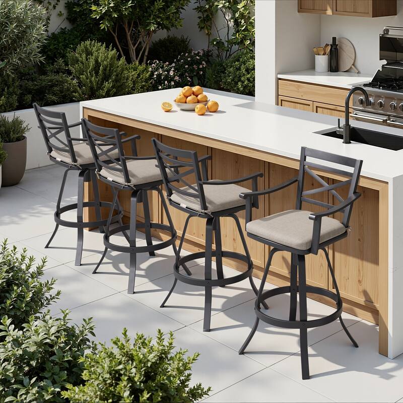 Outdoor Patio Cast Aluminum Swivel Bar Stools with Sunbrella Cushion - CAST SHALE - 4PC