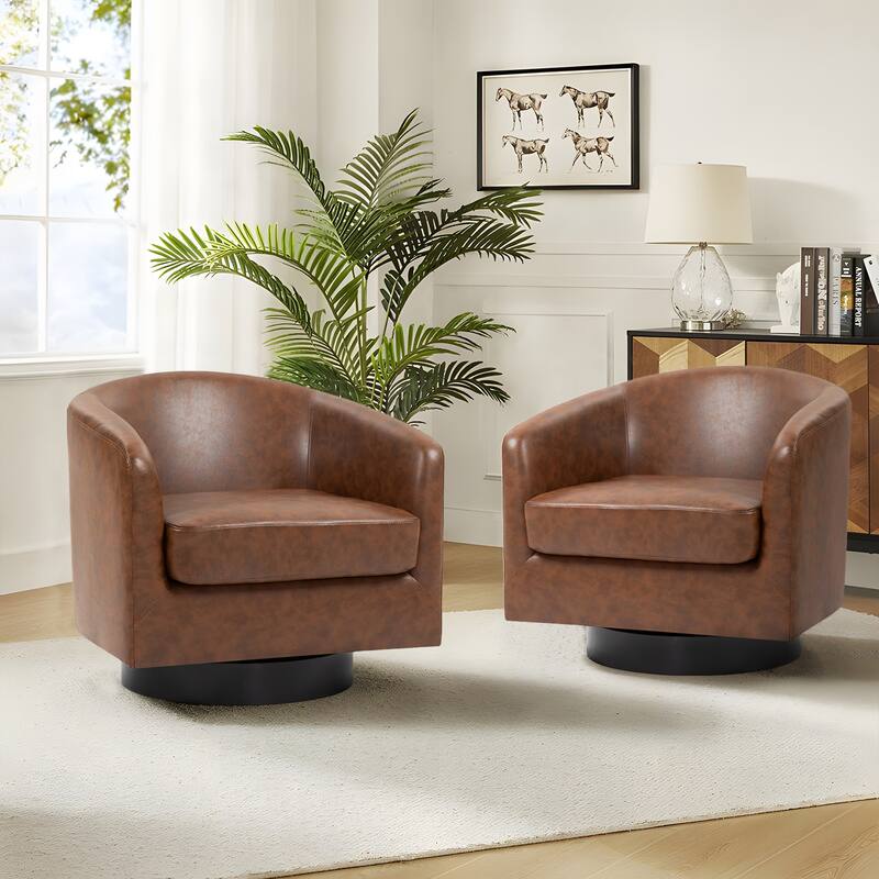 2 Set Modern Vegan Faux Leather Swivel Barrel Accent Chair - 39.1"Wx29.15"Dx29.15"H - Coffee