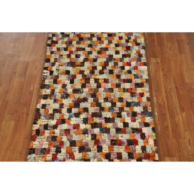 Checkered Tribal Moroccan Oriental Runner Rug Hand-Knotted Wool Carpet - 2'9" x 9'6"