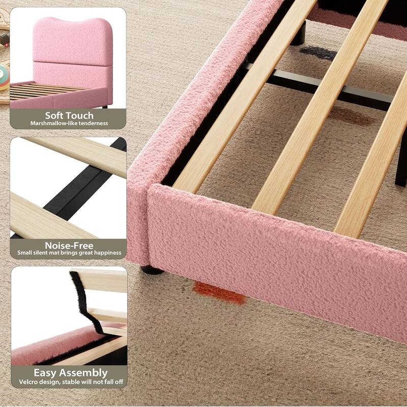 Kids Upholstered Platform Bed, Soft Boucle Fabric with Low Profile Frame & Wood Slats, Boys/Girls Bedroom