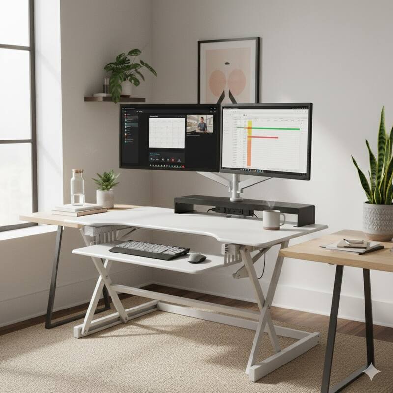 Rocelco 40 in. W White Height Adjustable Standing Desk Converter with Dual Monitor Stand and Deep Keyboard Tray