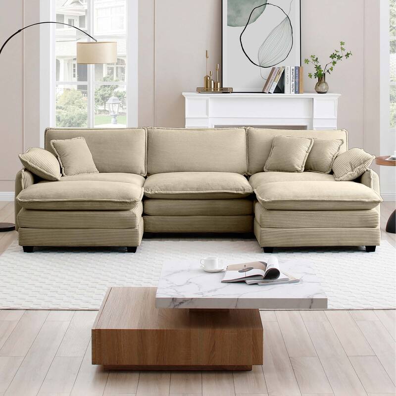 Tan 5-piece Corduroy Upholstered U-Shaped Modular Sectional Sofa with 2 Removable Ottoman, 5 Pillows, and Free Combination