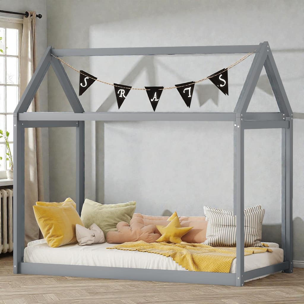 Twin Size Wooden House Bed Frame for Kids, Pine Wood Playhouse Bed with Roof Design, No Box Spring Needed