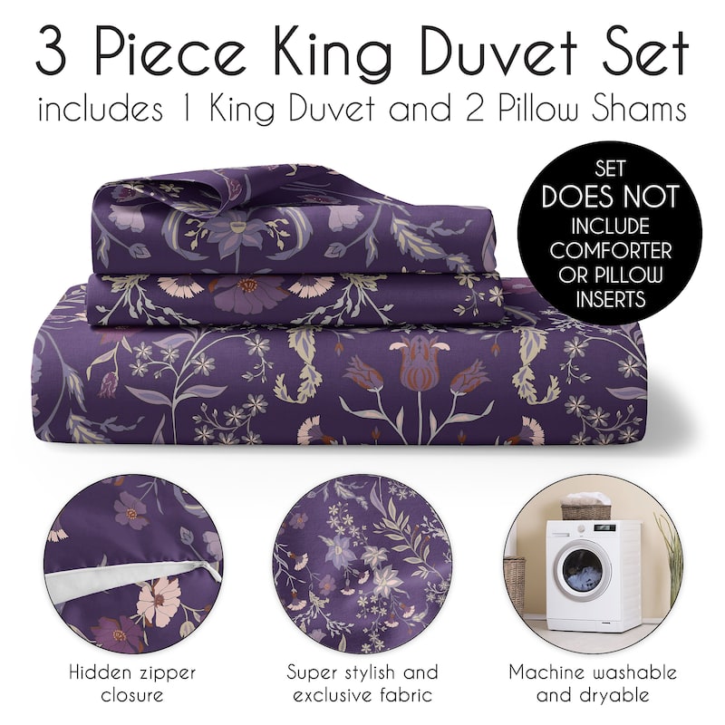 Sweet Jojo Designs Boho Wildflower Vintage Floral Girl 3pc King Duvet Cover Bedding Set - Purple, Teal, Botanical Garden, Flower