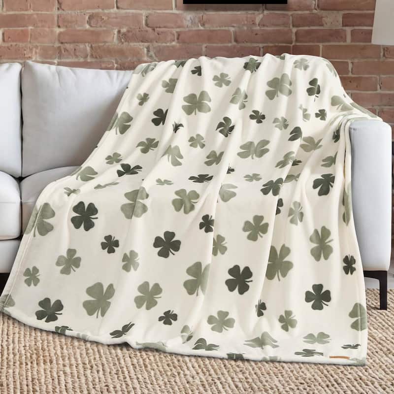 Lucky Brand Lucky Clovers Plush Throw Blankets - Ivory/Green - 50" x 70"