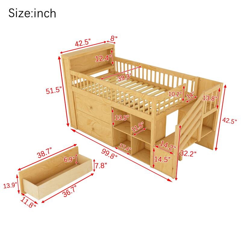 Wood Low Twin Size Loft Bed with LED and Bookshelf, Storage Drawers and Shelves