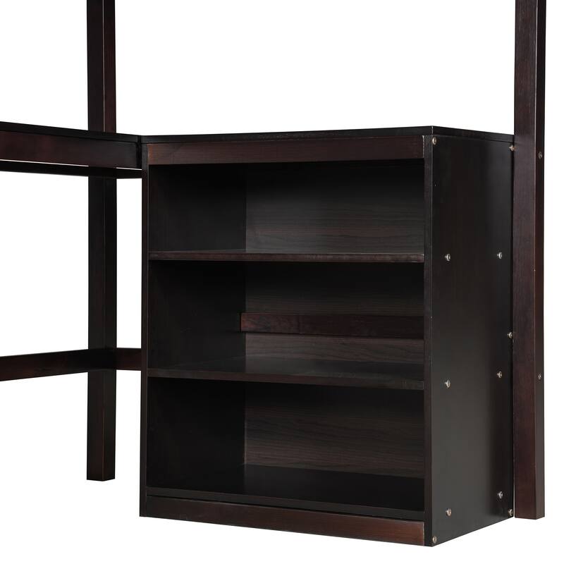 Twin Size Loft Bed With Shelves And Desk, Wooden Loft Bed With Desk - Espresso