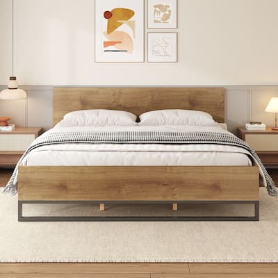 King Size Engineered Wood Bed Frame with Natural and Black Color, Geometric Headboard, Easy Assembly