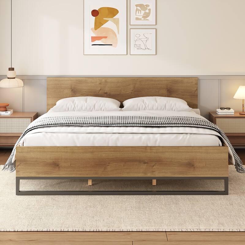 Solid Wood Rustic Platform Bed with Headboard, Wooden and Metal Bed Frame, Wood Slats Support, No Box Spring Needed - Natural+Black - King