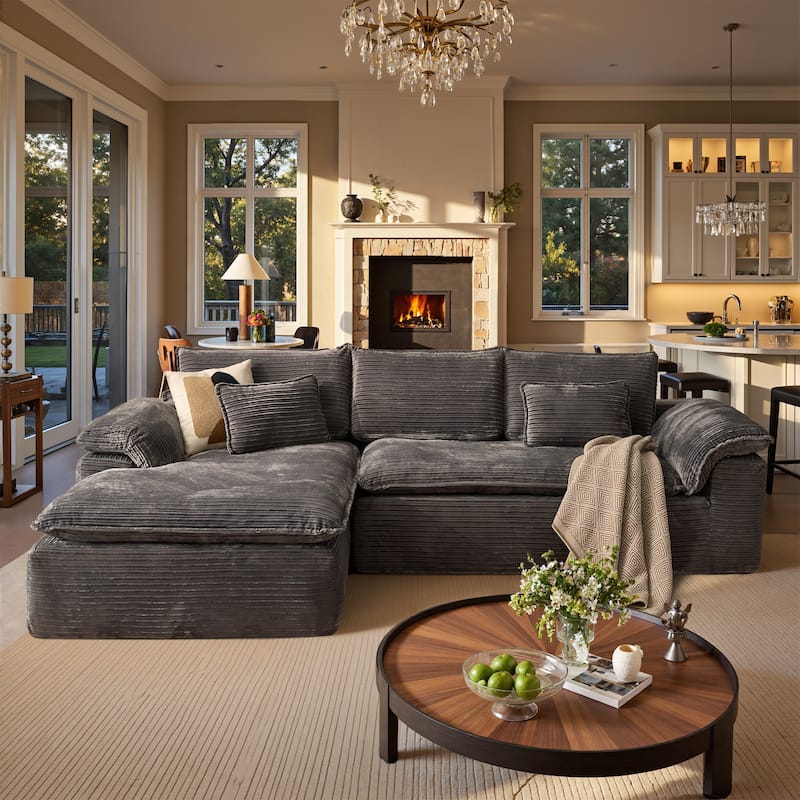 OVIOS Wide Ribbed Plush Sectional Sofa with Pillow-Top Arms - LeftChaise-Grey