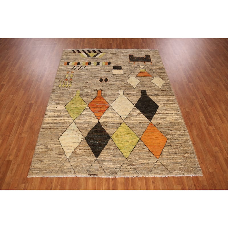 Geometric Beige Moroccan Oriental Area Rug Handmade Wool Carpet - 7'1" x 9'5"