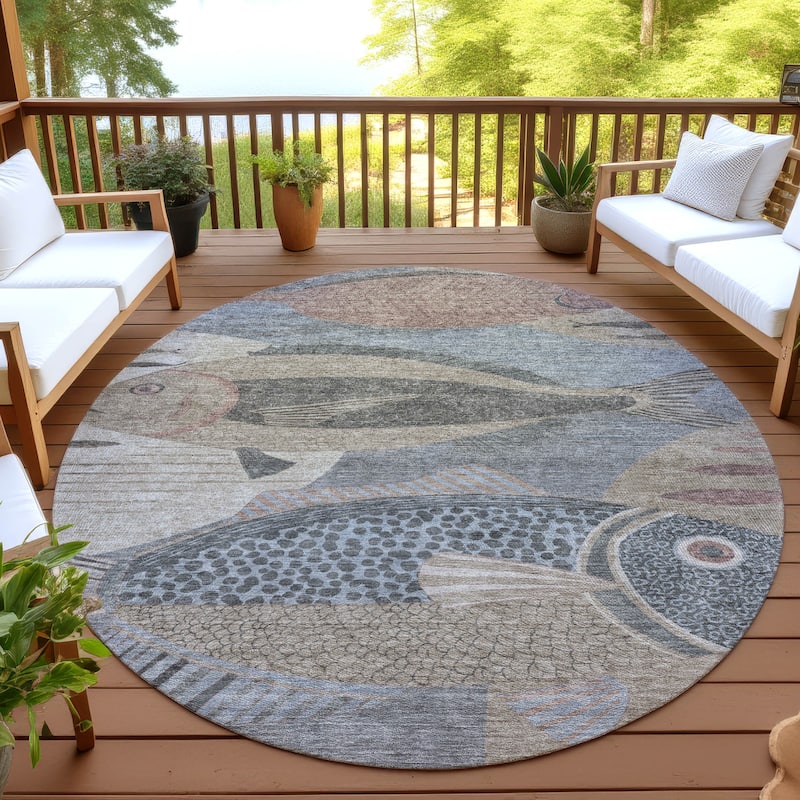 Machine Washable Indoor/ Outdoor Modern Fish Chantille Rug - Gray - 8' x 8'