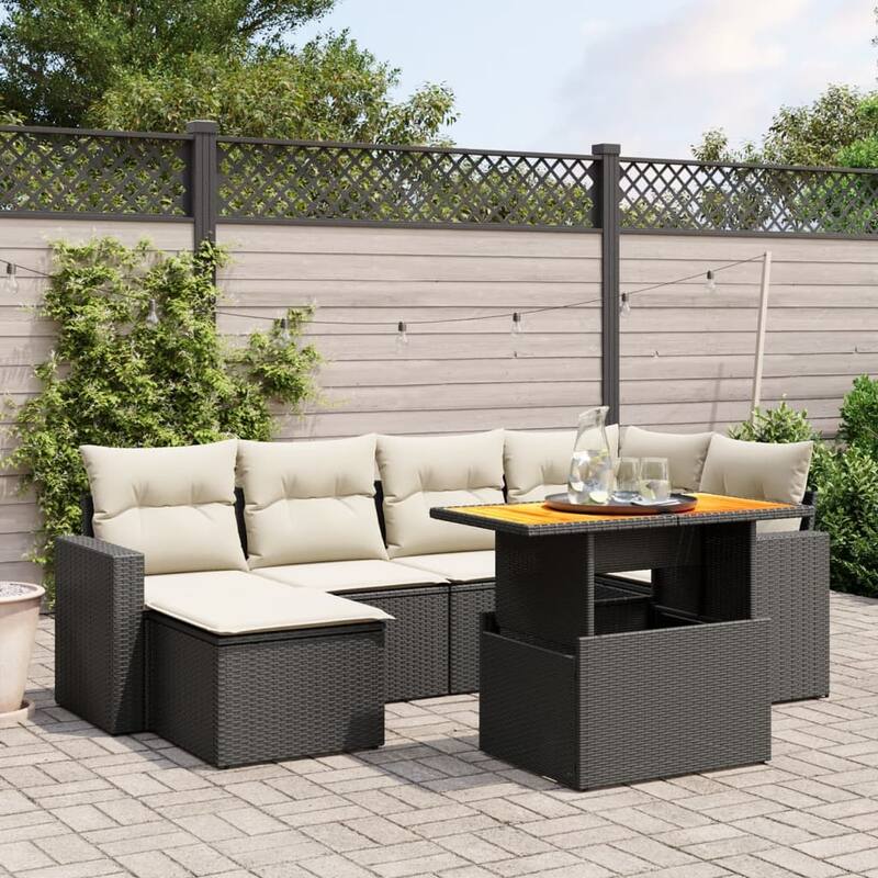 vidaXL Patio Sofa Set with Cushions Table and Footstool 7 Piece Poly Rattan - 21.7 x 39.4 x 28.7 - Black