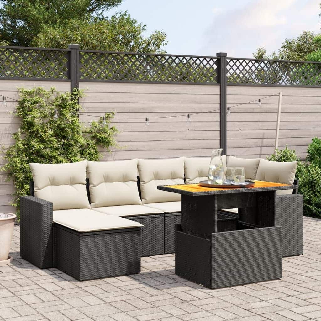 vidaXL Patio Sofa Set with Cushions Table and Footstool 7 Piece Poly Rattan - 21.7 x 39.4 x 28.7