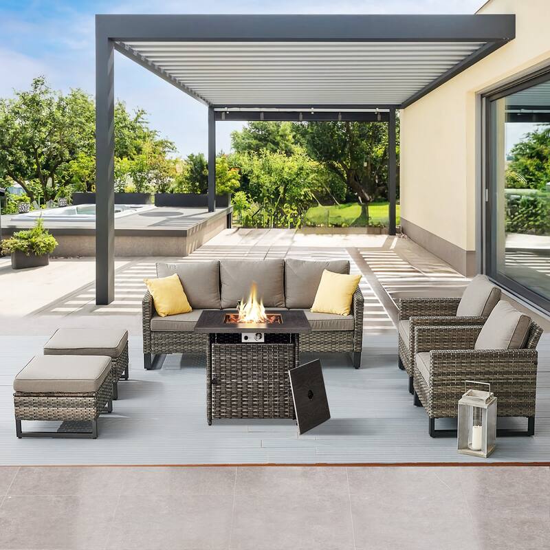 Gymojoy Outdoor Fire Pit Conversation Set, Patio Furniture with Cushions - 6 PCS - Sofa & Club Chair & Ottomans & Fire Pit - Grey Wicker / Grey Cusion