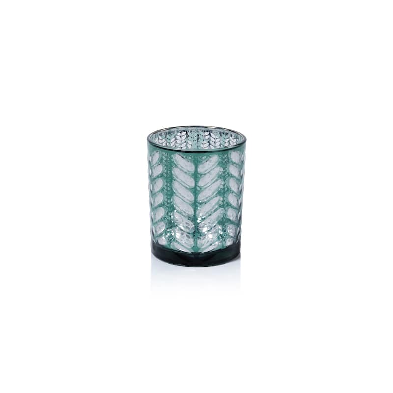 Laser-Etched Metallic Glass Hurricane Candle Holders, Set of 2 - Green
