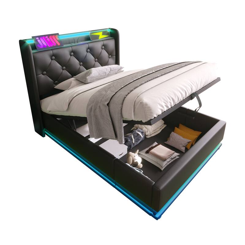 Metal Frame Storage Bed LED PU Upholstered Platform Bed, Twin