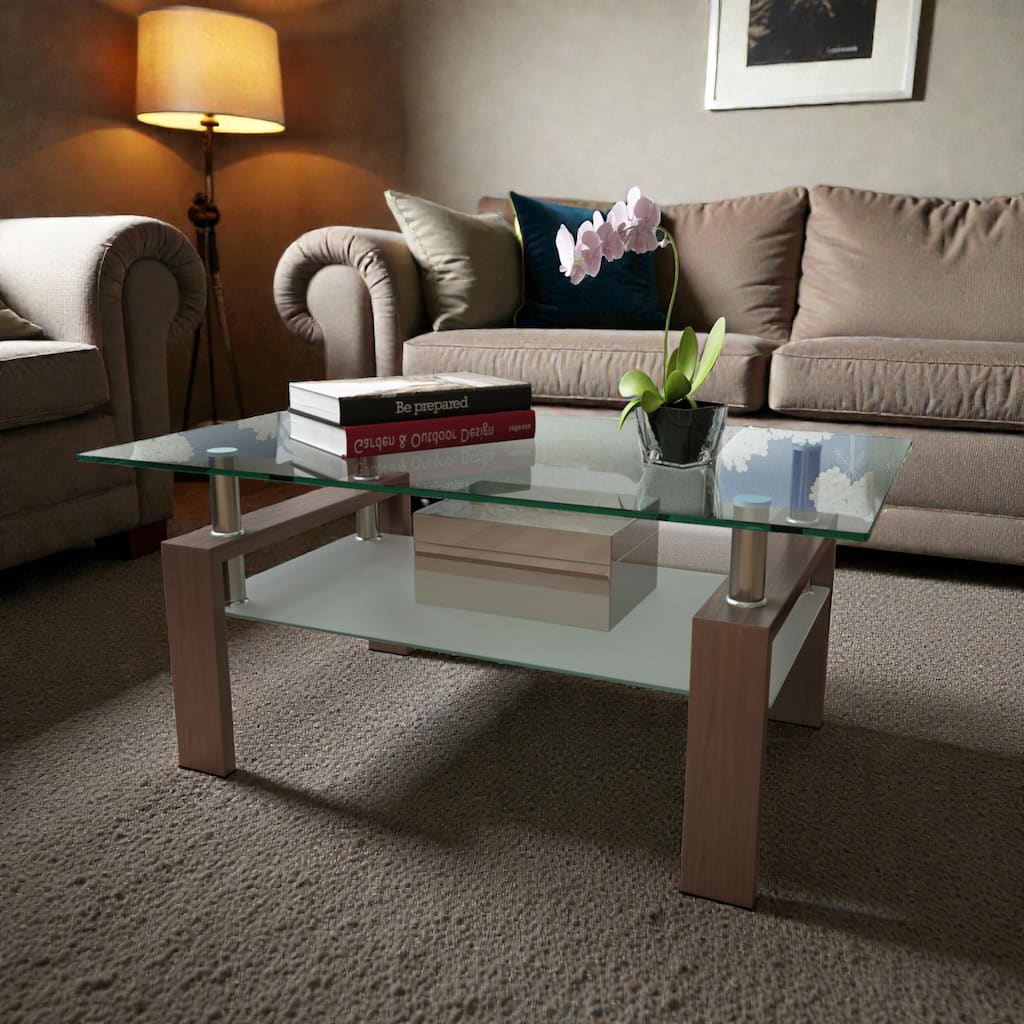 Rectangle Glass Coffee Table with Storage Shelf, Modern Clear Glass Coffee Table with Metal Frame