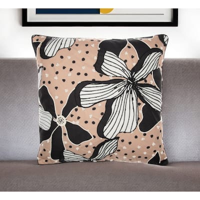 HomeRoots 20" Beige and Black Tropical Throw Pillow With Embroidery