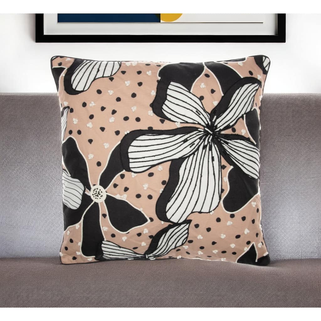 HomeRoots 20" Beige and Black Tropical Throw Pillow With Embroidery
