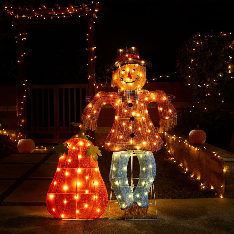Glitzhome 4ft Set of 2 Lighted Fall Scarecrow & Pumpkin Outdoor Yard Decor