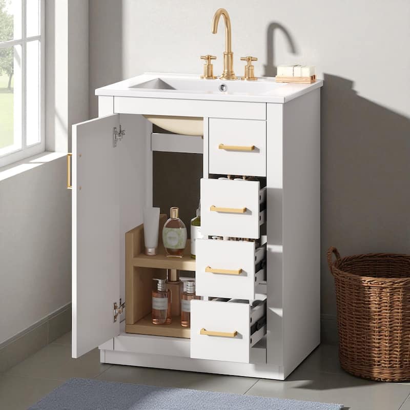 24-Inch Bathroom Vanity with Sink, Modern Solid Wood and MDF Cabinet with 1 Door and 3 Drawers for Small Bathroom