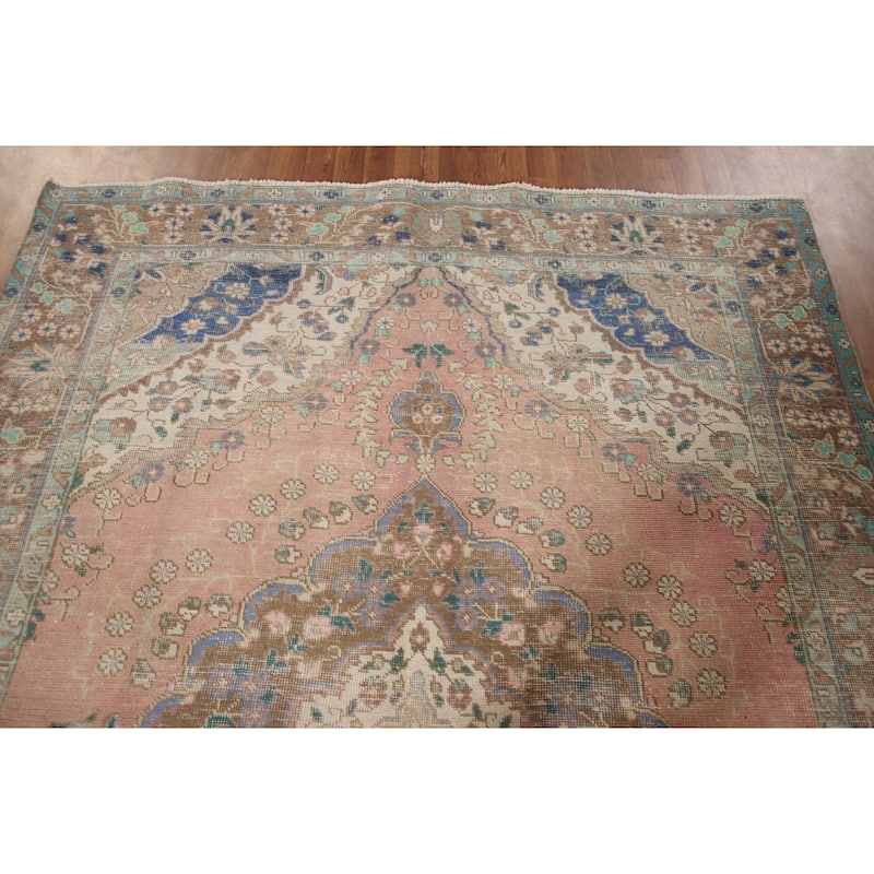Hand Knotted Oriental 100% Wool Carpet Traditional Medallion Pink Tabriz Area Rug - 9' 8'' X 6' 8''