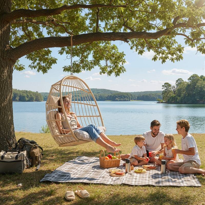 Outdoor Indoor Wicker Foldable Hanging Egg Chair Without Stand, Patio Swing Chair with Cushion, 350 lb Capacity