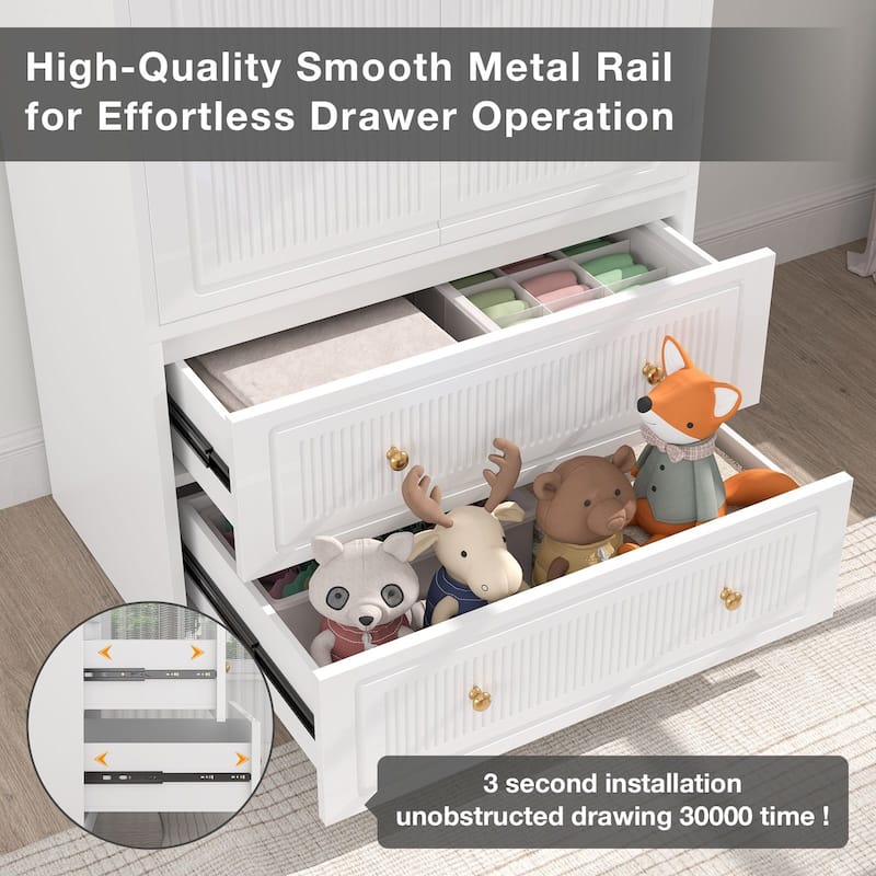 Gymojoy 71" Wardrobe Closet with 2 Doors & 2 Drawers, Modern White Wooden Armoire with Hanging Rod & Gold Handles