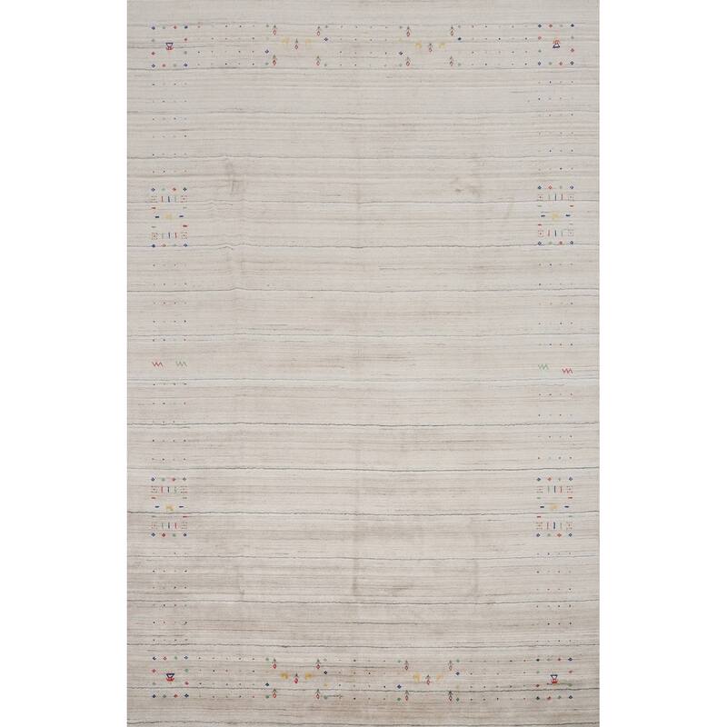 Hand Knotted Oriental Viscose Silk Carpet Tribal Animal Pictorial Beige & Ivories Gabbeh Area Rug - 11' 10'' X 8' 9''