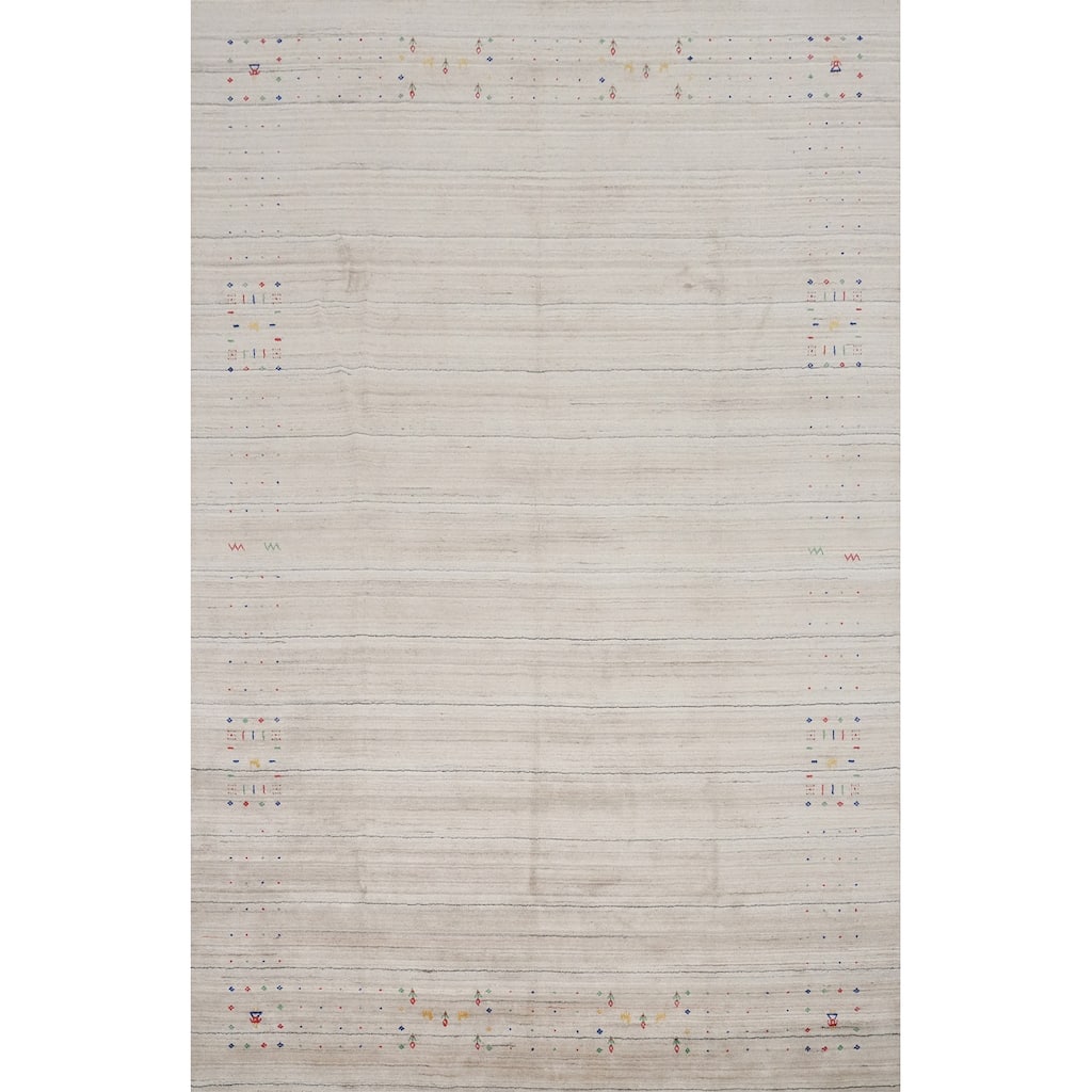 Hand Knotted Oriental Viscose Silk Carpet Tribal Animal Pictorial Beige & Ivories Gabbeh Area Rug - 11' 10'' X 8' 9''