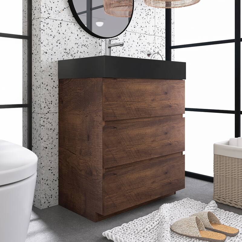 Freestanding Bathroom Vanity with Black Solid Surface Top