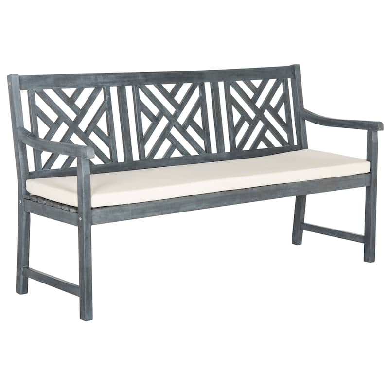 SAFAVIEH Outdoor Genara Solid Wood 3-Seat Bench with Cushion - 23Wx61Dx35H