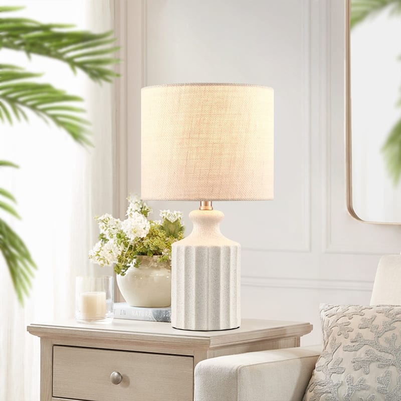 KAWOTI Modern White Ceramic Table Lamp with Linen Drum Shade - W9" x 17.5"