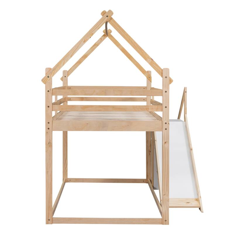 Roomfitters Twin over Twin House Loft or Bunk Bed with Slide, Staircase and Playful Roof Design