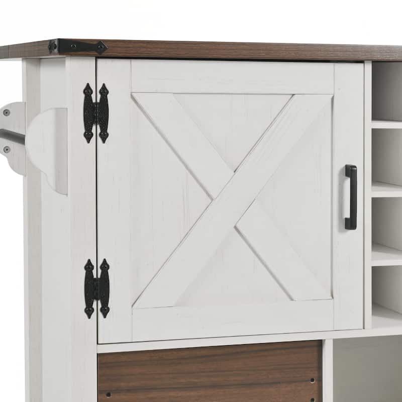 Farmhouse Kitchen Island with Drop Leaf, Power Outlet, Kitchen Storage Cart with 2 Doors, 2 Drawers