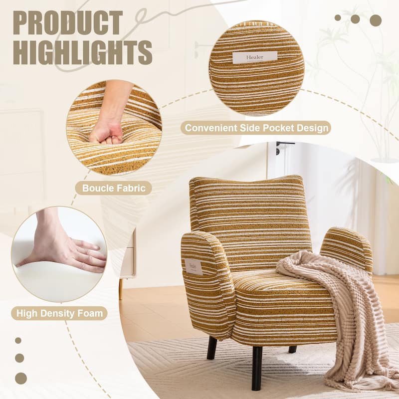 Boucle Upholstered Lounge Armchair, Reading Chair with Side Storage Pocket, Single Sofa Chair with Solid Wood Legs - Mustard yellow
